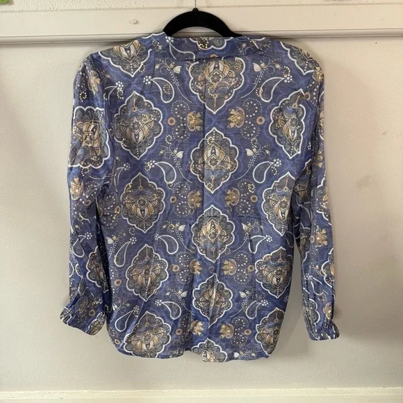 Alex & Parker Blue Tan Paisley Blouse Button Down Top - Picture 3 of 8